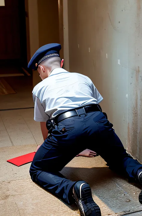 kid boy, 15 years old, wear police uniform, shave head, wear cap, back view, look from below, no naked, wear uniform trousers belt gear gun boot, thigh, butt, open wide leg, back view, look from back below，Down on all fours，defeat, look from below, head on...