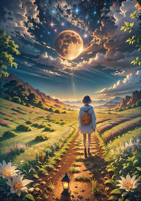 Expansive landscape photograph, (Look from the bottom up, Above the sky，Below are the open fields), a girl standing on flower field looking up, (moon full: 1.2), (meteors: 0.9), (Starcloud: 1.3), Far Mountain , Trees break the craft art, (warmly lit: 1.2),...