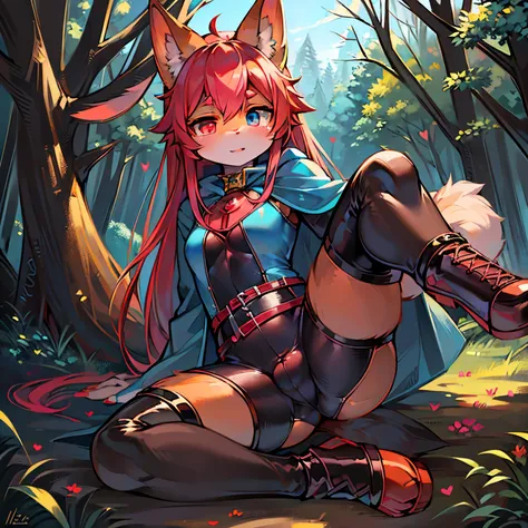 masterpiece,1girl, solo, kemono, furry, anthropomorphic rabbit, rabbit ears, cat tail, orange fur, furry arms, furry legs, furry body, orange skin, grey belly , red hair, ((heterochromia, (1pink eye, 1blue eye))), forest, sexy leather armor, revealing outf...