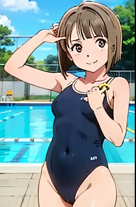 17 age, girl with,One Piece Swimsuit,slightly larger udder,Hairstyle is a bob cut, Poolside background,Smiling face,full bodyesbian,A pose that says “come here”,full bodyesbian,(Pose that moves the cloth between the crotches)