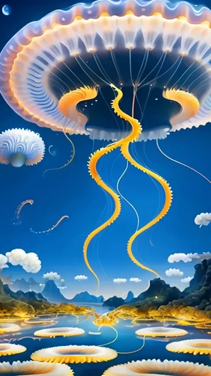 There  a painting of jellyfish flying in the sky, jellyfish pheonix, jellyfish pheonix, emitting spore clouds, phoenix jellyfish, Jellyfish Phoenix Dragon, Giant squid fighting in the air, jellyfish fractal, jellyfish, space jellyfish, 8 intricate golden t...