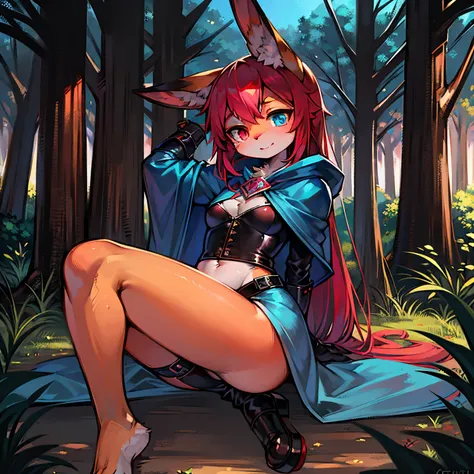 masterpiece,1girl, solo, kemono, furry, anthropomorphic rabbit, rabbit ears, cat tail, orange fur, furry arms, furry legs, furry body, orange skin, grey belly , red hair, ((heterochromia, (1pink eye, 1blue eye))), forest, sexy leather armor, revealing outf...