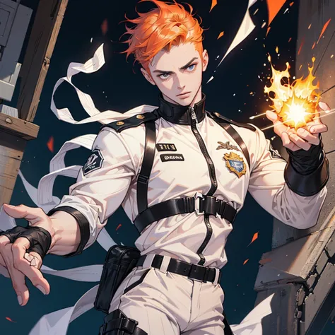 A 17 year old white boy. He has a short ginger under cut. He has an athletic but slim build. He  wearing a silver uniform. He has fire powers.