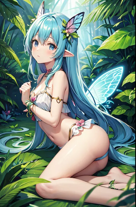 Best Quality, masutepiece, Cute Fairy Girl, fairy wings, Light blue long hair、Twin-tailed、In the mysterious jungle, foliage, Tropical, kawaii, mystery, Magical, Mythical animals and mysterious butterflies, Exotic flowers