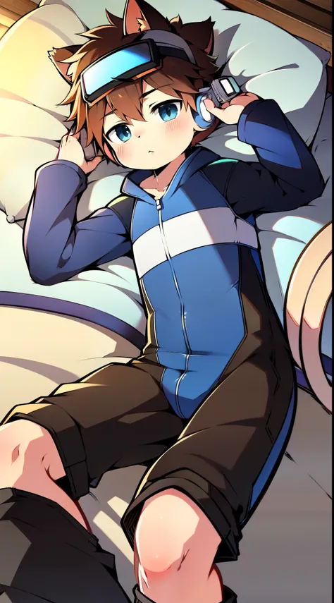 Two-dimensional boy Shota，One-piece ski suit，shorter pants，Wear the headphones on your head，protective goggles，Cat ears，leg loops，athletic sneakers，Go to bed