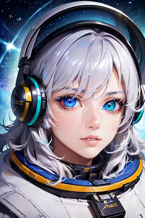 (A higher-quality masterpiece in close-up:1.5)0.9], (Espace et astronaute:1.2) (messy silver hair:1.1) (yellow eyes with heterochromia and blue eyes:1.2) (Casque spatial:1.0) (Colorful stars in the eyes:1.0) (radiant light:1.1) (big lips:0.9)