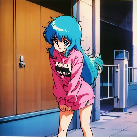 anime girl, colored hair,streetwear,city pop, 1990 anime style , long hair