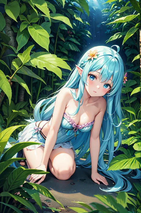 Best Quality, masutepiece, Cute Fairy Girl, fairy wings, Light blue long hair、Twin-tailed、In the mysterious jungle, foliage, Tropical, kawaii, mystery, Magical, Mythical animals and mysterious butterflies, Exotic flowers