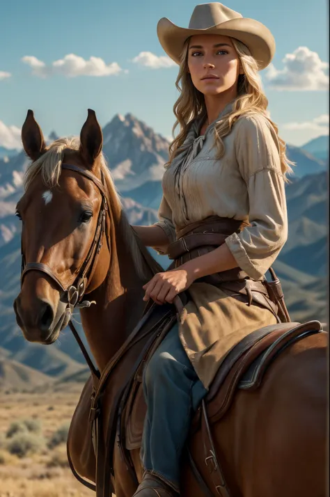 close-up shot, a western scene, a solo beautiful blonde woman riding a horse across the sawtooth mountains in idaho as the sun s...