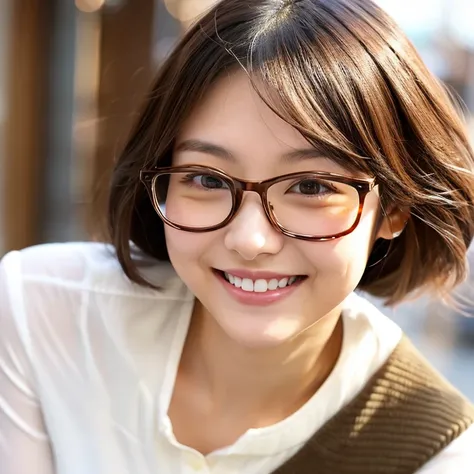 A cute Japanese woman、24 year old、White blouse with collar、Brown pants、Semi-long、a smile、eye glasses