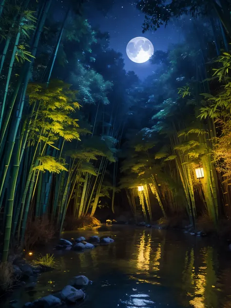 Draw a river in a bamboo forest，Moonlight shines through the bamboo forest at night, Round moon，Dancing fireflies，Scattered white lanterns，Anime background art, anime beautiful peace scene, beautiful anime scenery, Anime lush John 8K bamboo forest, mystica...