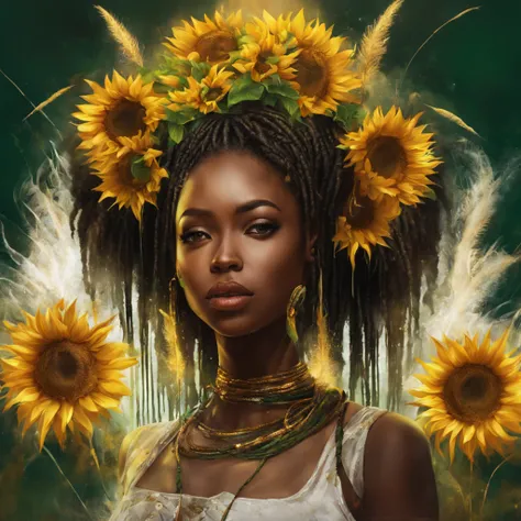 Beautiful girl, braids, sunflowers, pampas grass, abstract, floral, fantasy, beautiful, african style, realistic, black, white, green, golden fibers, balls, swirls, sparks, octane, brightly, a closeup of a