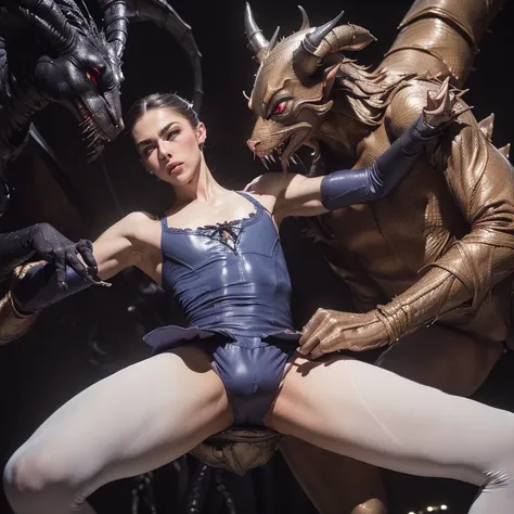 (8k, photo, best quality, masterpiece, erotic, homoerotic, beautiful eyes, claws, ballet tights, crotch bulge, ballet style:1.35), (androgynous male, depraved villain, jabberwock, alice ballet:1.5)