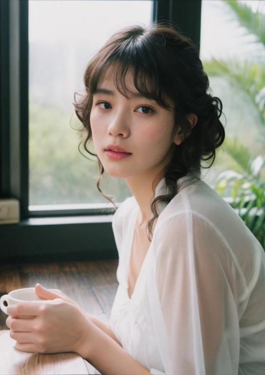 woman eating green bread,Unripe, (polaroid, Looks like it was taken with a Polaroid camera:1.1), Water droplets on the window, Heavy rain outside, Strong fluorescent light, Sitting Woman, 25 I, (Bangs Hair:1.2), (Cyberderrick Hair, Spiral Curl Hair:1.36),F...