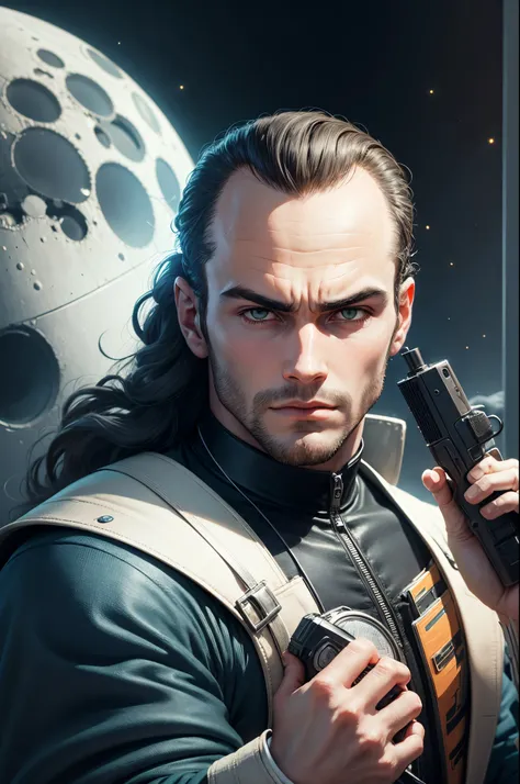 retro futuristic,man with a receding hairline, on moon,holding a bitcoin and a gun