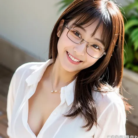 A cute Japanese woman、24 year old、A white collared blouse is unbuttoned and is open in the front.。D cup breasts are visible。Semi-long、a smile、eye glasses