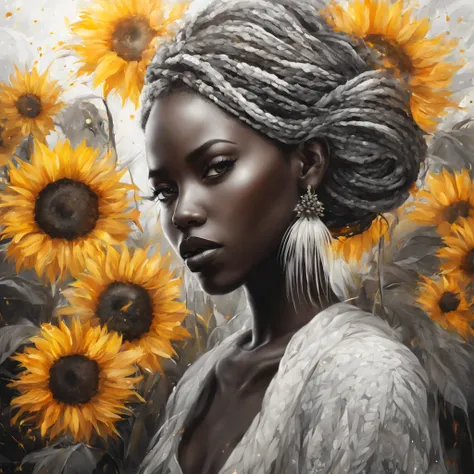 Beautiful girl, braids, sunflowers, pampas grass, abstract, floral, fantasy, beautiful, african style, realistic, black, white, golden fibers, balls, swirls, sparks, octane, brightly, a closeup of a