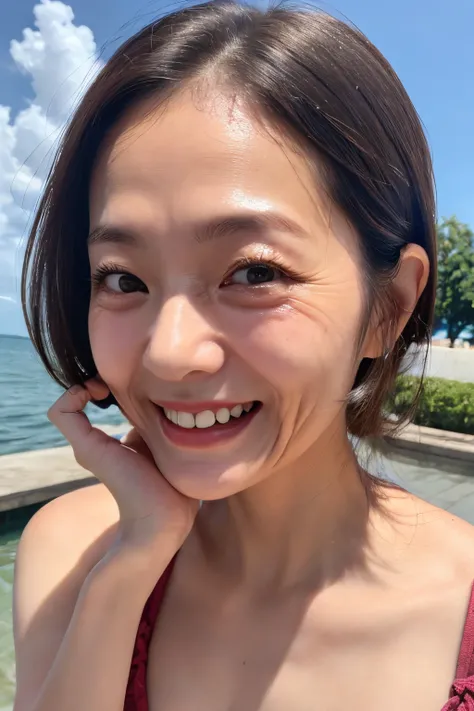 Female, 58 years old、(((Wrinkles on the face)))、Laugh、sea side、plunging