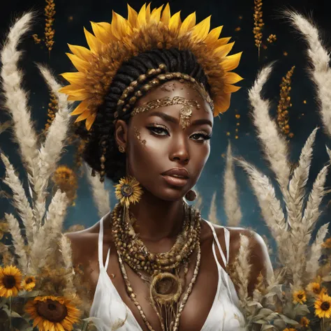 handsome girl, braids, Sunflowers, Pampas grass, abstract, florals, Fantasy, Beautiful, African style, Realistic, black, White, gold fibers, Balls, Twists, sparks, octans, brightly, a closeup of a