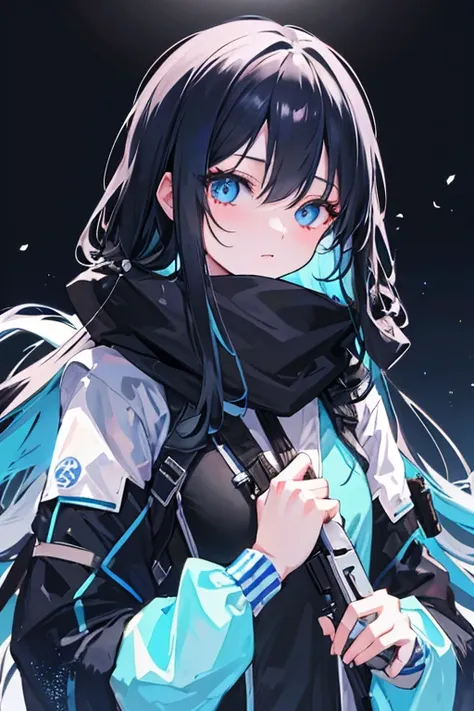 1 cold girl,,城市,Long black hair and blue eyes，and night，neonlight，assassins