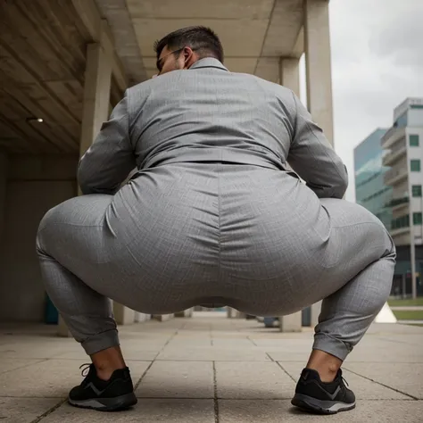 A man squatting with a comically massive and gigantic butt in tight grey suit pants showing off his round, wide, fat, juicy ass.