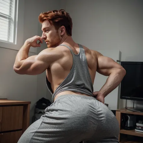 Redhead man, shirtless, wearing grey sweatpants with a comically massive bulge in his sweatpants, big butt