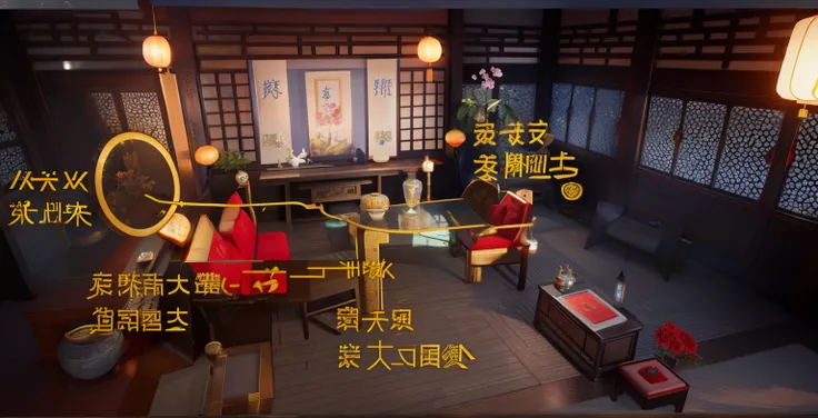 There are many Chinese characters and many lights in this room, ray traced lighting, game screenshot, blue moon ray tracing, ray tracing on, ray-traced reflection, Ray traching, Ray traching, Ray traching, game screenshot, ray tracing x, accurate ray traci...