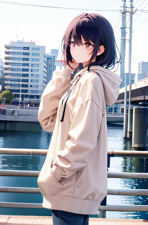 A woman stood on the bridge，Hold it in your hand, Hoodie girl, ben streetwear, beige hoodie, She was seen wearing street clothes, Urzans, Kim Do-young, Leroy 5213, Medium portrait, girl, jaket, Woman in streetwear, street fashion, Street attire, lofi-girl,...