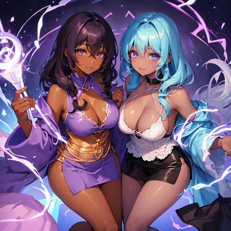 Dark skin purple wizard lesbian couple being cute and of African descent With lightning powers and are black people tanned skin brown skin