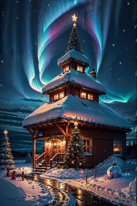 cool christmas night,polar lights,snow,colorful,beautiful