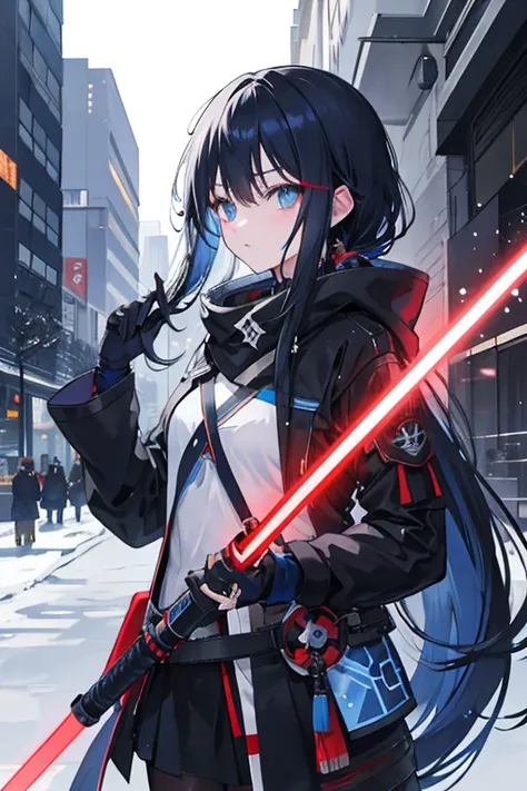 1 cold girl,,城市,Long black hair and blue eyes，Living with the night，neonlight，assassins，lightsabers，genshin impact