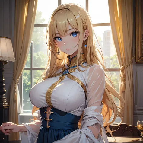 top-quality、Top image quality、​masterpiece、girl with((20yr old、Best Bust、big bast、Bust 85,beautiful golden eyereasts wide open,Blonde long hair、A slender、Large valleys、casual Dress Leaning forward、Reflecting the whole body)）high quality、Beautiful Art、Backg...