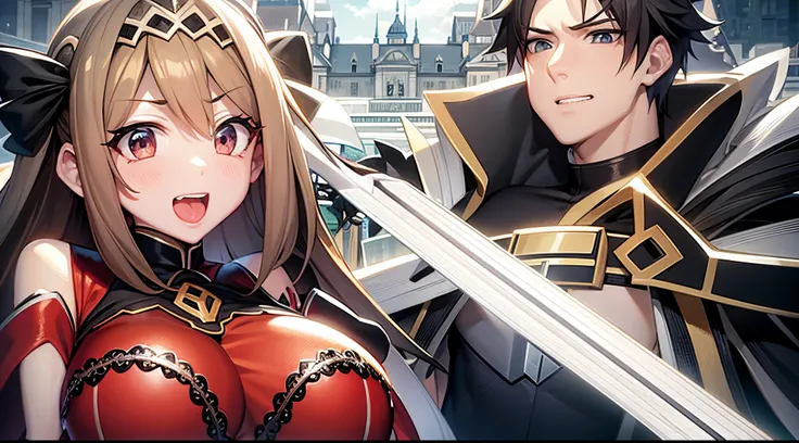 personagens de anime com espada e armadura em frente a um castelo, popular Isekai anime, arte chave do anime, Isekai, visual novel chave visual, arte chave, Arte de Espada Online, visual chave, epic light novel art cover, arte chave detalhada do anime, Ani...