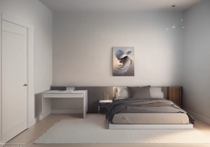 (extremely detailed CG unity 8k wallpaper, masterpiece, best quality, ultra-detailed), minimalistic decoration style, high resolution, bedroom, (decorative drawings, reference drawings), clean and elegant ambiance, wide shot.