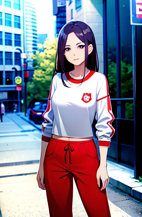 French-German woman wearing red and white shirt and red sweatpants standing on city street, Woman in streetwear, cute sportswear, white red, She was seen wearing street clothes, Cute casual streetwear, Korean fashion model, and 2k style, Millennium style, ...