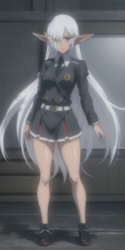 full body standing woman, white background, white hair, long messy hair, black elf skin, school uniform, looking to the viewer, short skirt