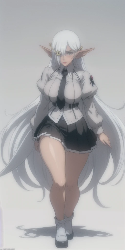 full body standing woman, white background, white hair, long messy hair, black elf skin, school uniform, looking to the viewer, short skirt