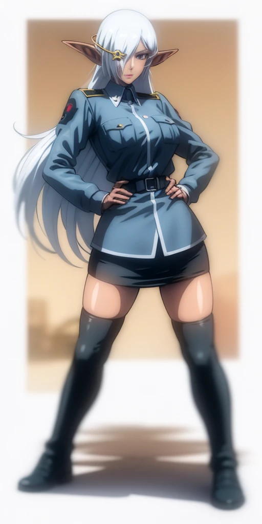 full body standing woman, white background, white hair, long messy hair, black elf skin, militar uniform (nazi uniform), looking to the viewer, short skirt