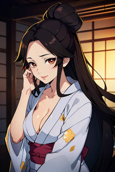 (high-quality, breathtaking),(expressive eyes, perfect face) ((yukata, cleavage, sexy lips)), 1girl, female, solo, young adult, black hair , brown coloured eyes, stylised hair, gentle smile, long length hair, loose hair, hair between eyes, japanese clothin...