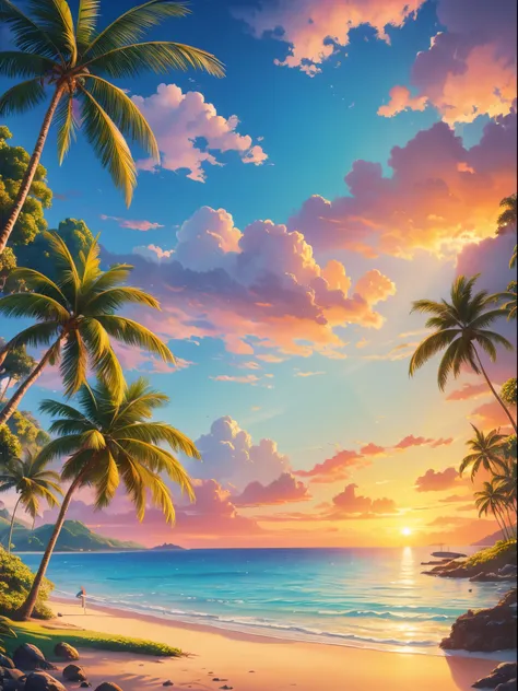 painting of a sunset on a tropical beach with a greeny hill and far distance waterfall in the background, coconut trees, small sailing boat, beautiful art uhd, detailed painting, highly detailed digital art, anime art wallpaper 4k