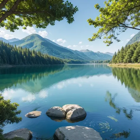 The painting  an oil painting，The picture shows a peaceful lake，The water in the lake  clear，Reflecting the blue sky and white clouds。In the distance are rolling mountainoggy mountains，It gives a mysterious feeling。There  a green forest beside the lake，The...