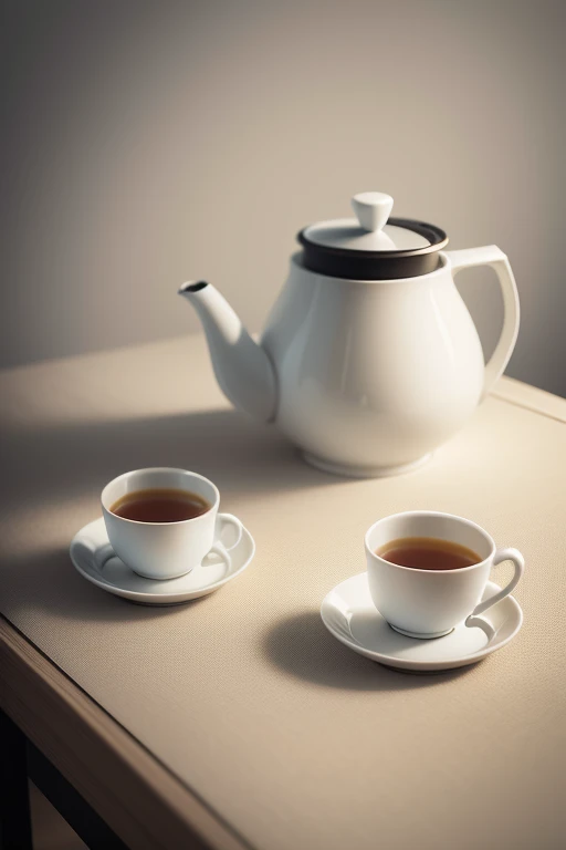 (best quality,realistic),minimalism,white table,cup of tea,pack of cigarettes,subtle lighting