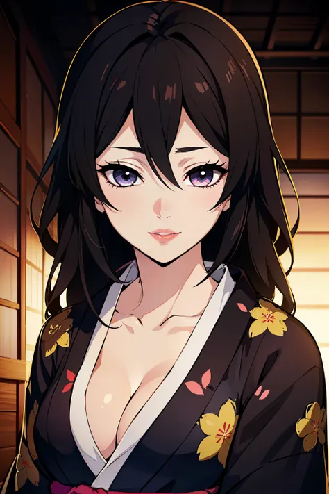 (high-quality, breathtaking),(expressive eyes, perfect face) ((yukata, cleavage, sexy lips)), 1girl, female, solo, young adult, black hair , black coloured eyes, stylised hair, gentle smile, medium length hair, loose hair, hair between eyes, japanese cloth...