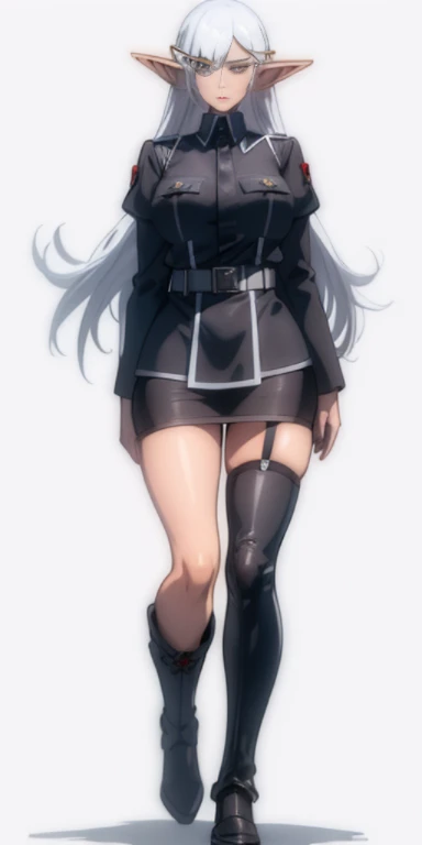 full body standing woman, white background, white hair, long messy hair, black elf skin, militar uniform (nazi uniform), looking to the viewer, short skirt, open chest, erotic but SFW