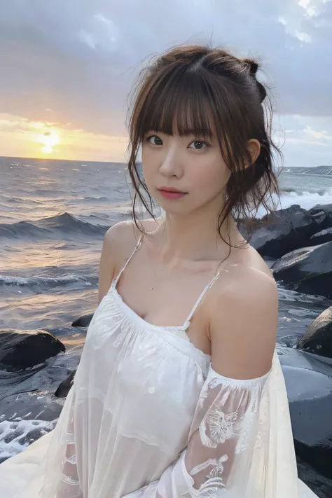 ((of the highest quality)),((masutepiece)),((Very beautiful)), unique light and shadow, One girl, hair messy, Realistic skin texture, strong breeze, Rain, Rocky Shore, rough sea, Feminine pose