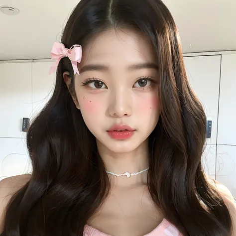 Arafed Asian woman with long hair wearing a pink dress and a pink bow tie, Ulzzang, Jaeyeon Nam, Jinyoung Canela, wan adorable korean face, young adorable korean face, jossi do blackpink, Lalisa Manobal, jennie blackpink, menina coreana, O corte Hime, Retr...