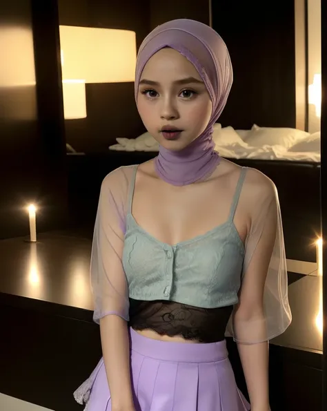(((HIJAB MALAY GIRL))), (((BLACK LIPS))), top-quality、masterpiece、Surreal、((childs room))、((Stuffed animals are on display.))、transparent Gymnastic suit、japanes、Pupils、tiny girl、The appearance of the child、Height 140cm、hchool girl、small body of a child、str...