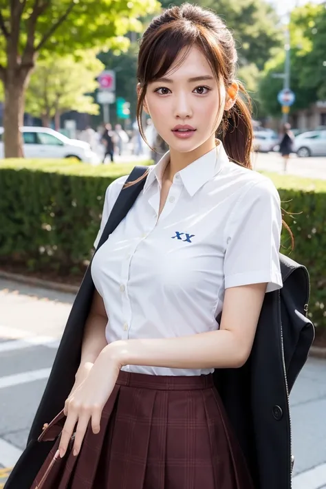 school uniform,street,1girl,shiny skin,sexy pose,best quality,masterpiece,illustration,an extremely delicate and beautiful,CG,8k wallpaper,Amazing,finely detail,official art,extremely detailed CG unity 8k wallpaper,incredibly absurdres,huge filesize,ultra-...