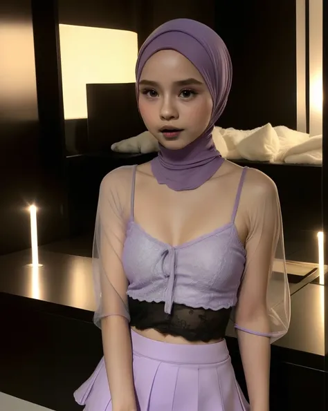(((HIJAB MALAY GIRL))), (((BLACK LIPS))), top-quality、masterpiece、Surreal、((childs room))、((Stuffed animals are on display.))、transparent Gymnastic suit、japanes、Pupils、tiny girl、The appearance of the child、Height 140cm、hchool girl、small body of a child、str...