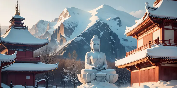 The pagodas and Buddha statues of Shaolin Temple are adorned with snow, creating a beautiful backdrop. The intricate texture of the snow harmonizes with the details of the Buddha statues, as if every delicate aspect  presented in 8K resolution. --auto --s2